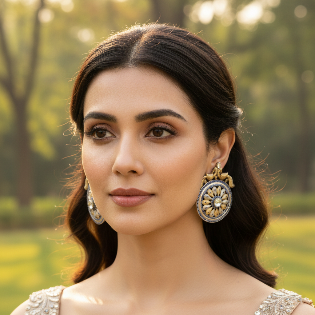 Sangeeta Boochra Dual-Tone Silver Statement Earrings with Blue Accents
