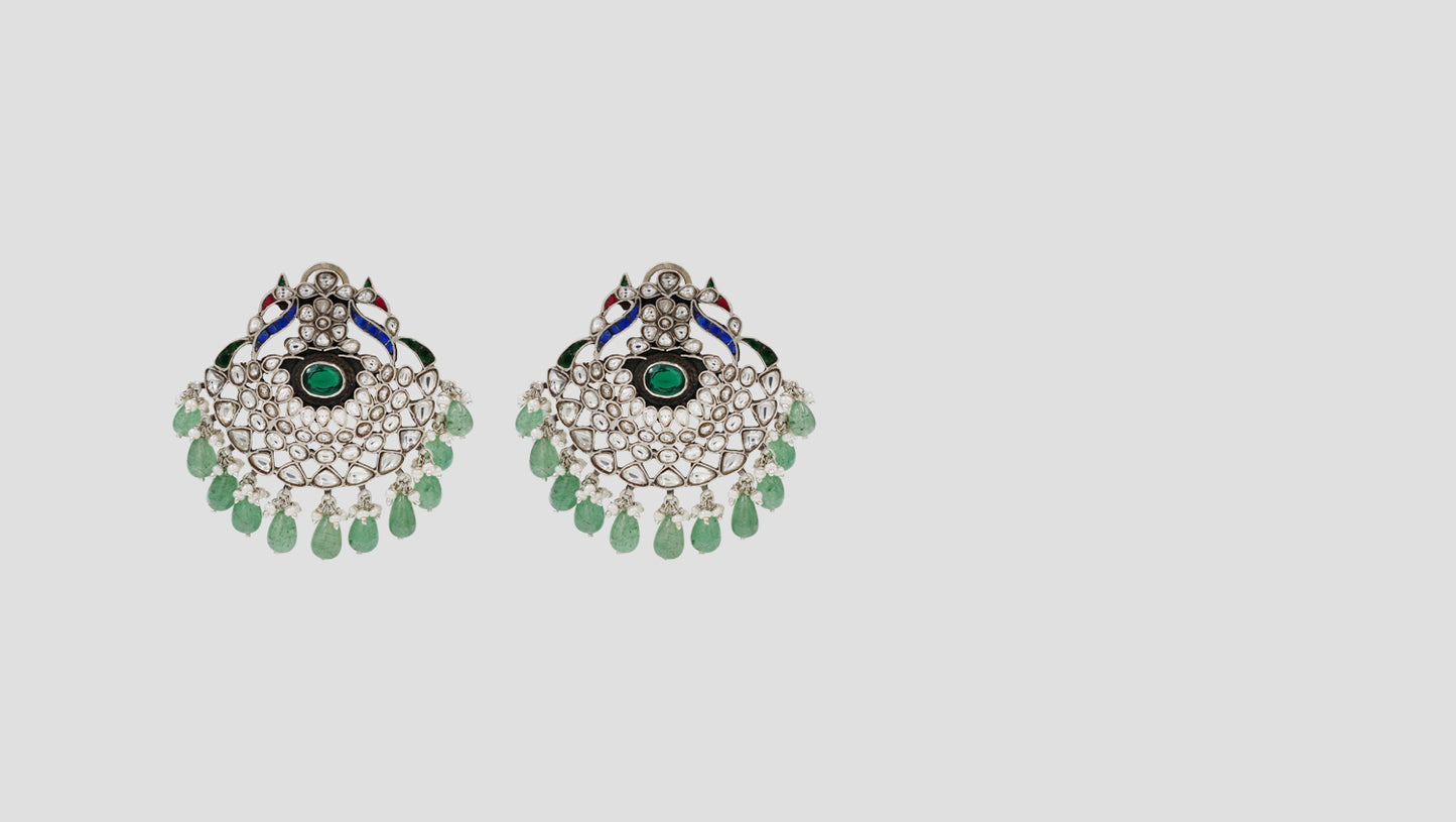 Sangeeta Boochra Handcrafted Peacock Motif Kundan Silver Earrings with Green Bead Drops