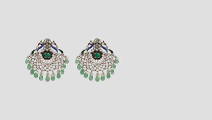 Sangeeta Boochra Handcrafted Peacock Motif Kundan Silver Earrings with Green Bead Drops