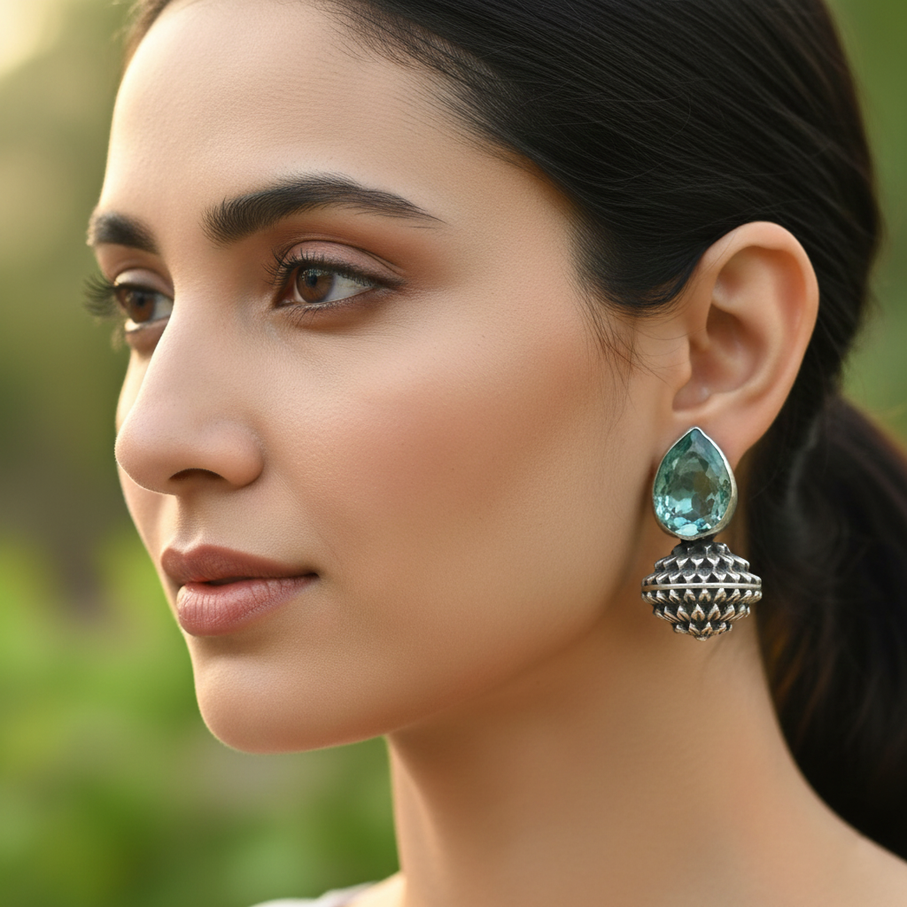 Sangeeta Boochra Designer Oxidised Silver Teardrop Stone Earrings