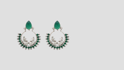 Sangeeta Boochra Designer Peacock Silver Earrings | Green Gemstone Statement Earrings