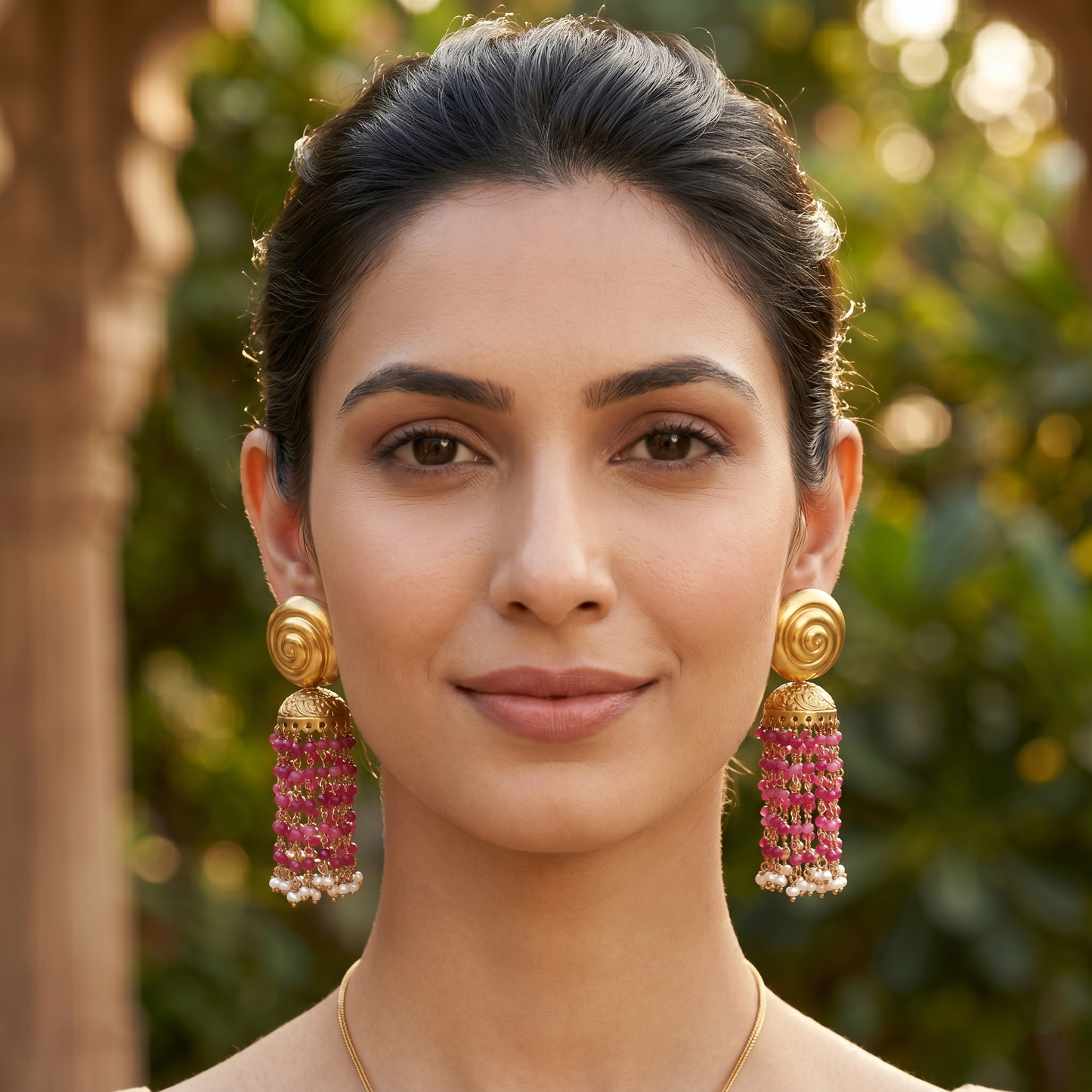 Sangeeta Boochra Elegant Gold Plated Pink Bead & Pearl Tassel Earrings