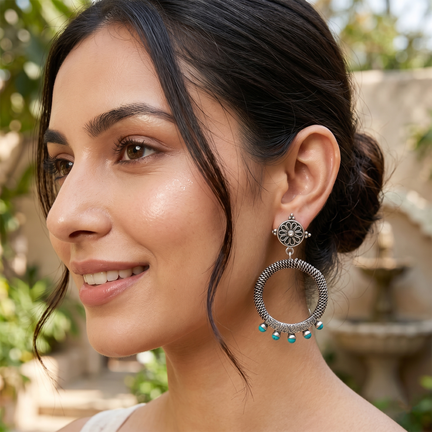 Turquoise Accent Silver Hoop Earrings by Sangeeta Boochra