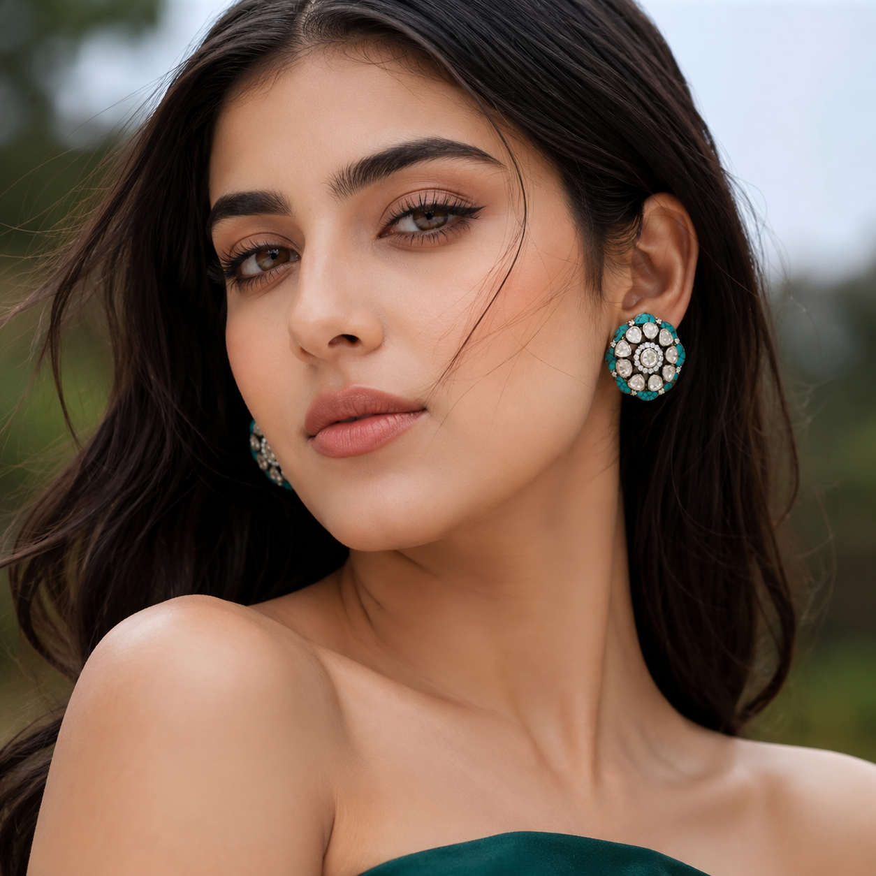 Sangeeta Boochra Turquoise & Moissanite Floral Silver Stud Earrings