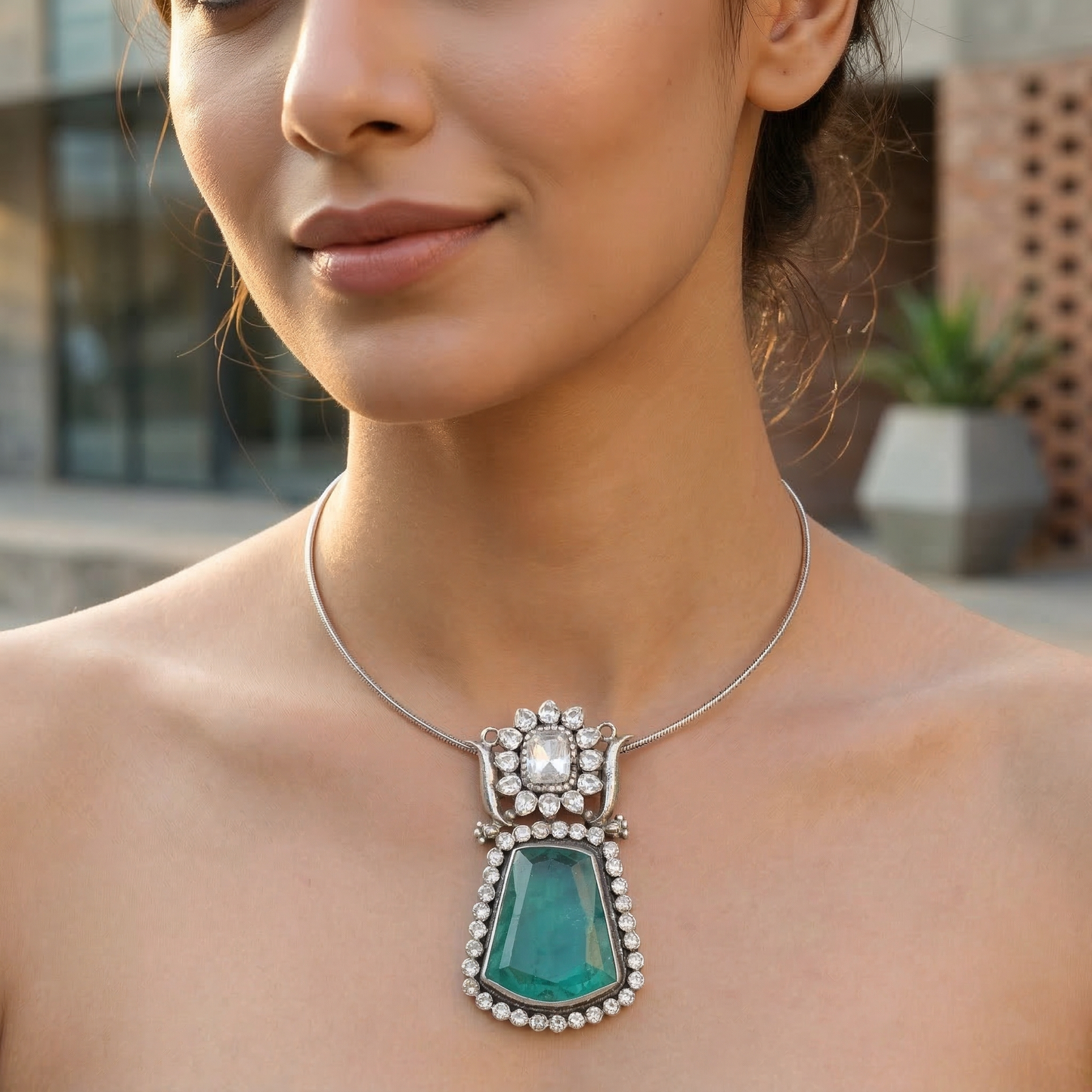 Sangeeta Boochra Handcrafted Moissanite Silver Pendant with Green Stone