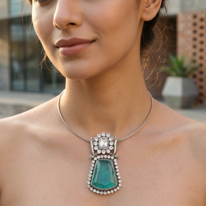 Sangeeta Boochra Handcrafted Moissanite Silver Pendant with Green Stone