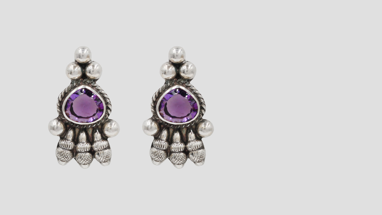 Oxidised Silver Stud Earrings with Purple Teardrop Stone – Sangeeta Boochra