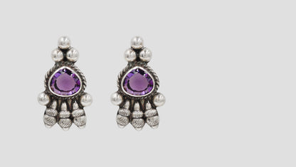 Oxidised Silver Stud Earrings with Purple Teardrop Stone – Sangeeta Boochra