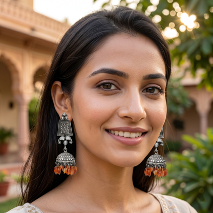 Sangeeta Boochra Heritage Oxidised Silver Earrings with Orange Hanging Beads
