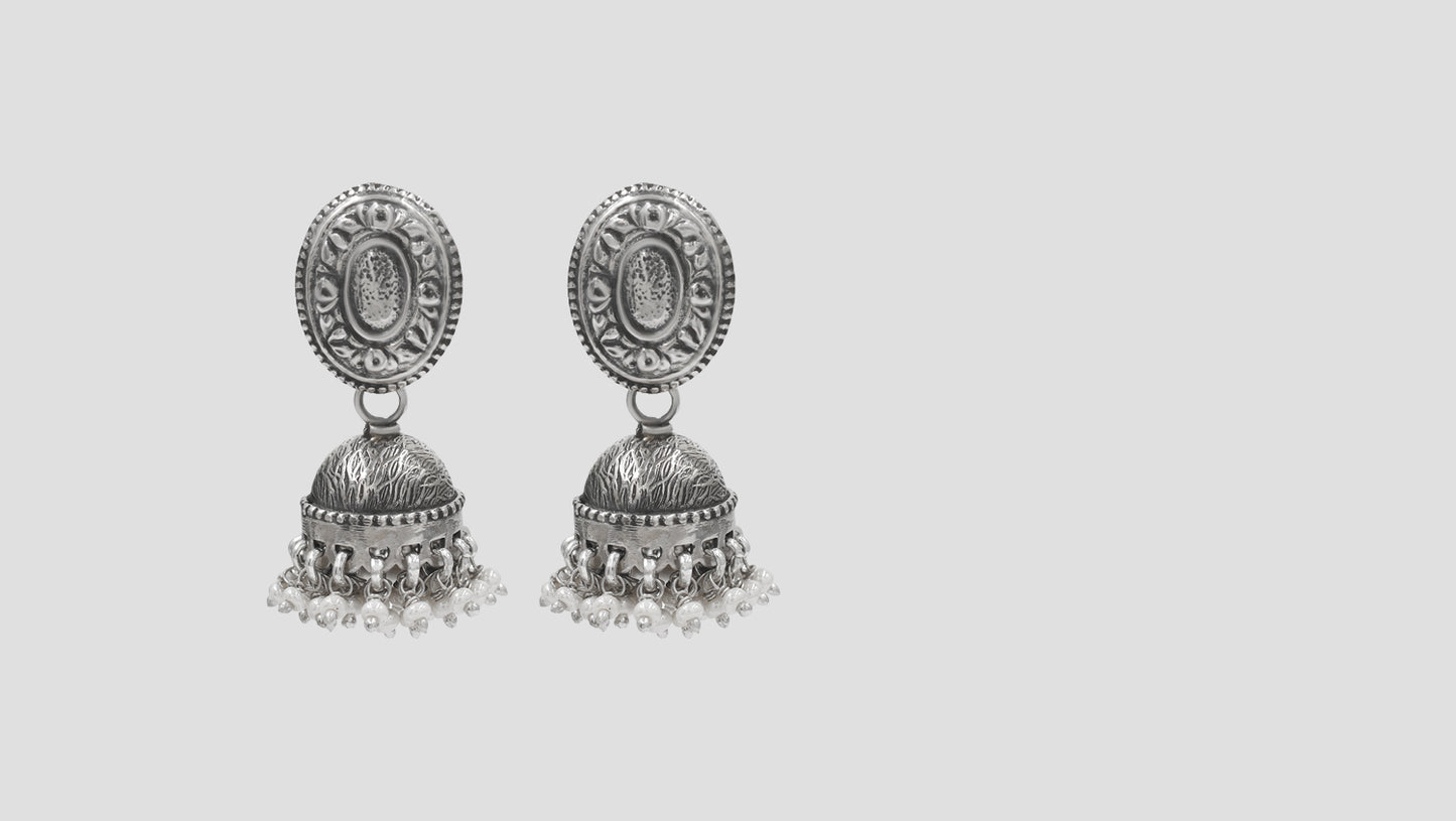 Elegant Oxidised Silver Jhumka Earrings with Oval Stud – Sangeeta Boochra