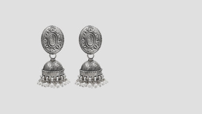 Elegant Oxidised Silver Jhumka Earrings with Oval Stud – Sangeeta Boochra