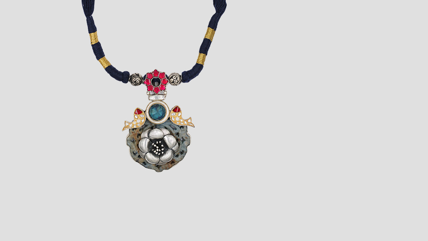 Sangeeta Boochra Silver Pendant Necklace with Kundan Work & Blue Thread