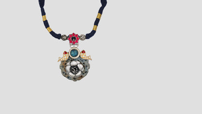 Sangeeta Boochra Silver Pendant Necklace with Kundan Work & Blue Thread