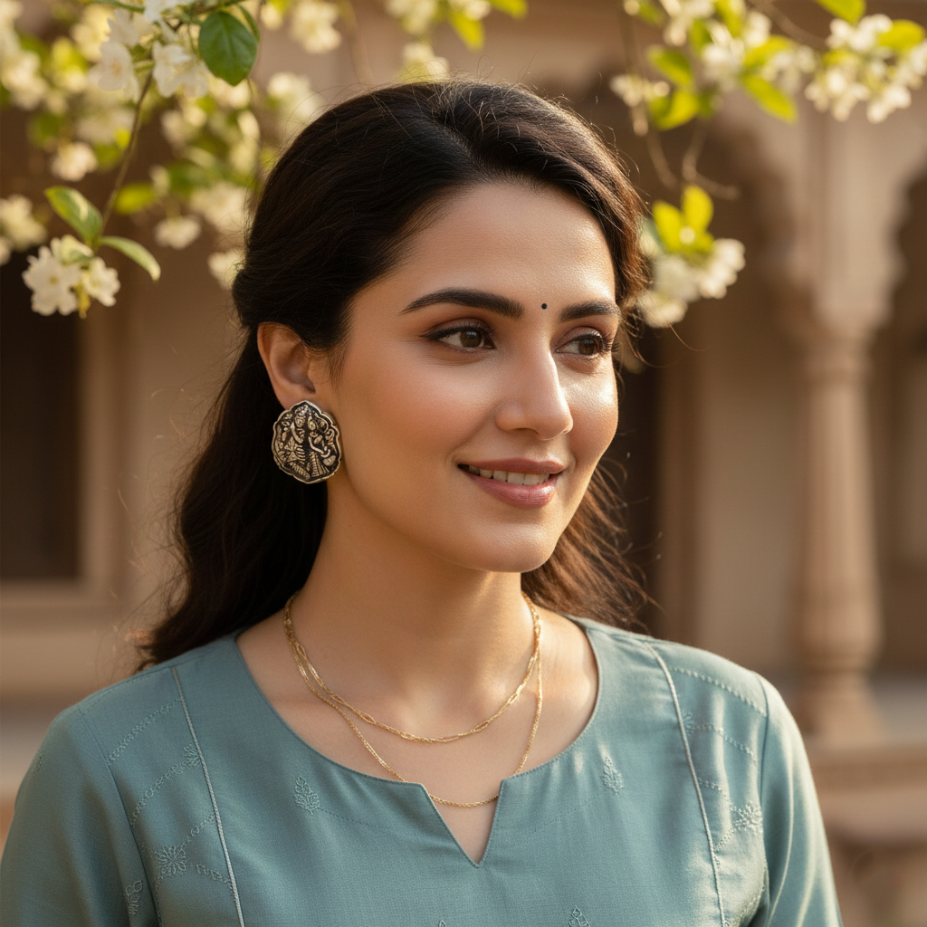 Sangeeta Boochra Oxidised Silver Earrings with Radha Krishna Motif