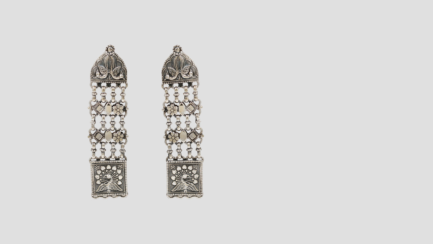 Sangeeta Boochra Handcrafted Oxidised Silver Peacock Motif Long Earrings