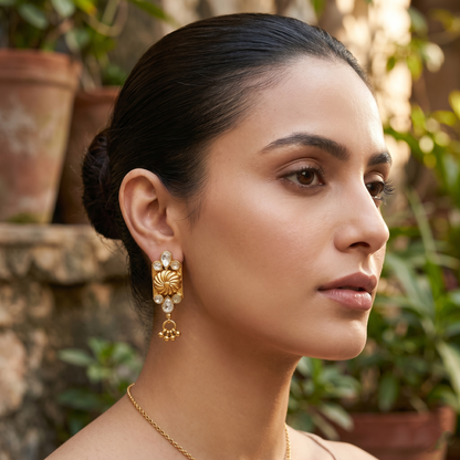 Sangeeta Boochra Gold Plated Silver Floral Statement Earrings with Moissanite Detailing