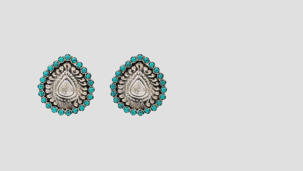 Sangeeta Boochra Oxidised Silver Stud Earrings with Turquoise Stone Detailing