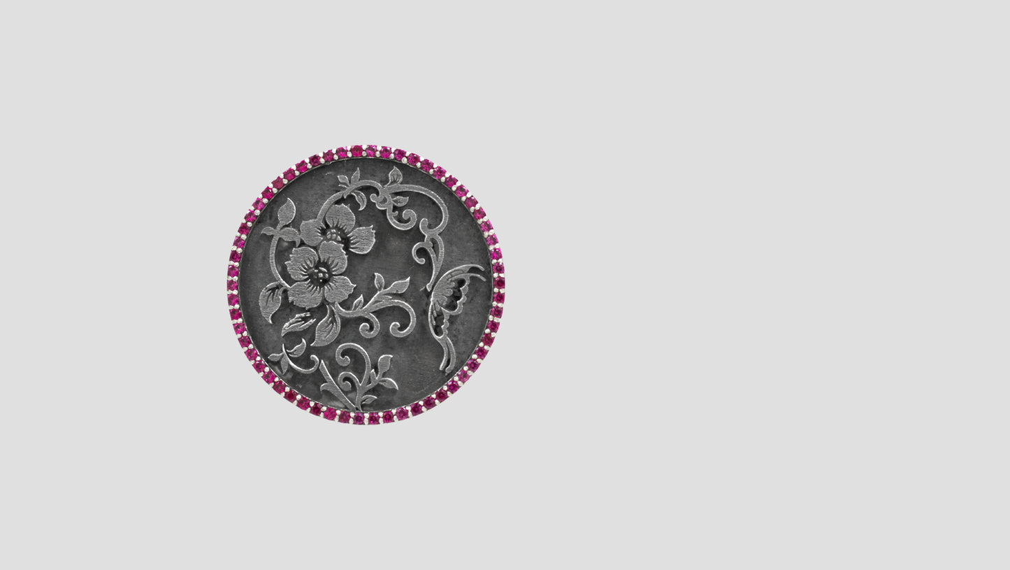 Sangeeta Boochra Oxidized Silver Floral Scroll Brooch with Pink Stone Border