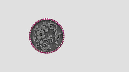 Sangeeta Boochra Oxidized Silver Floral Scroll Brooch with Pink Stone Border