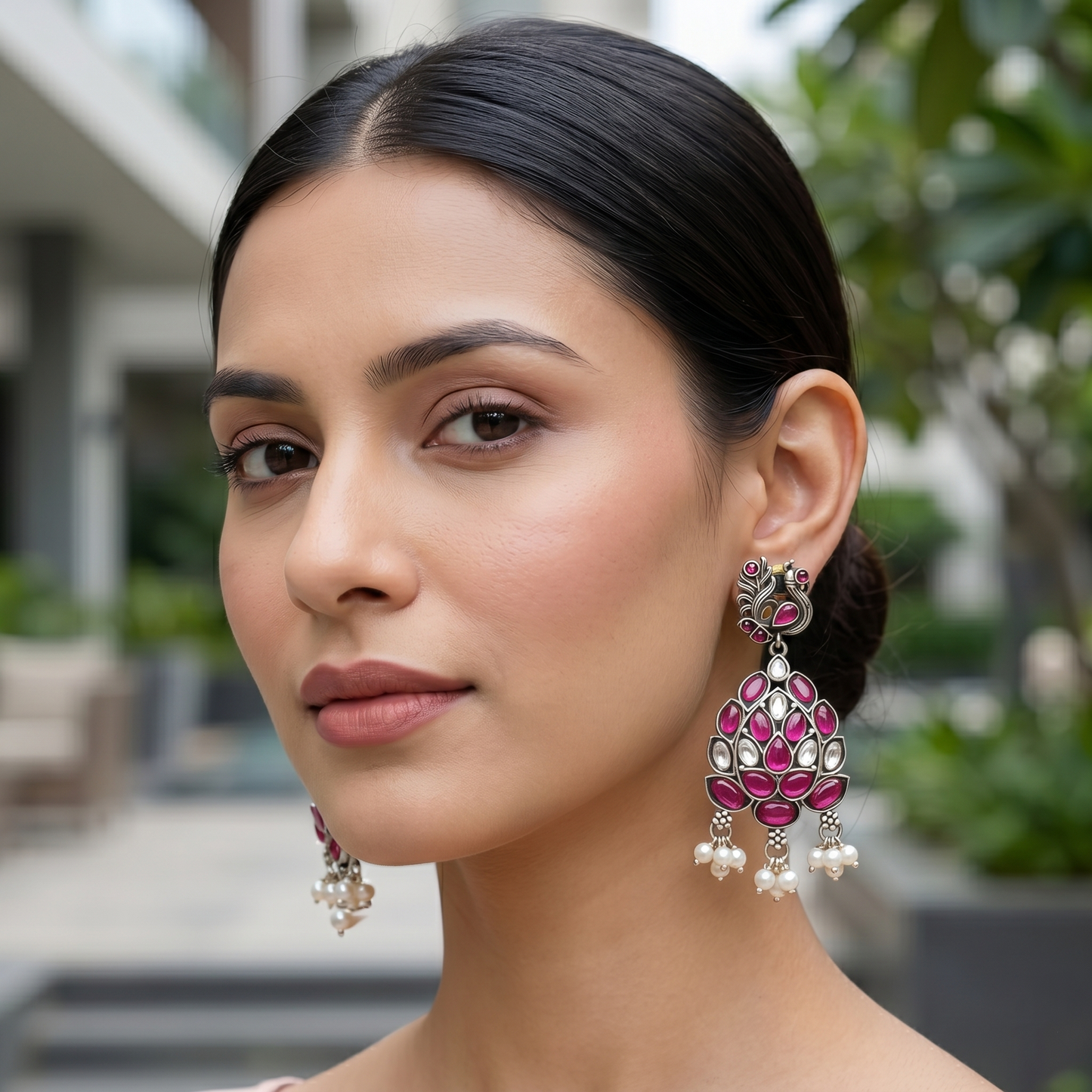 Heritage Peacock Silver Kundan Danglers
