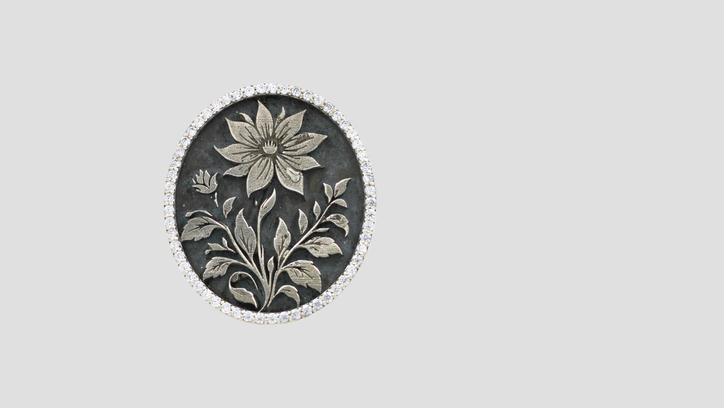 Handcrafted Silver Floral Motif Brooch with White Stone Border | Sangeeta Boochra