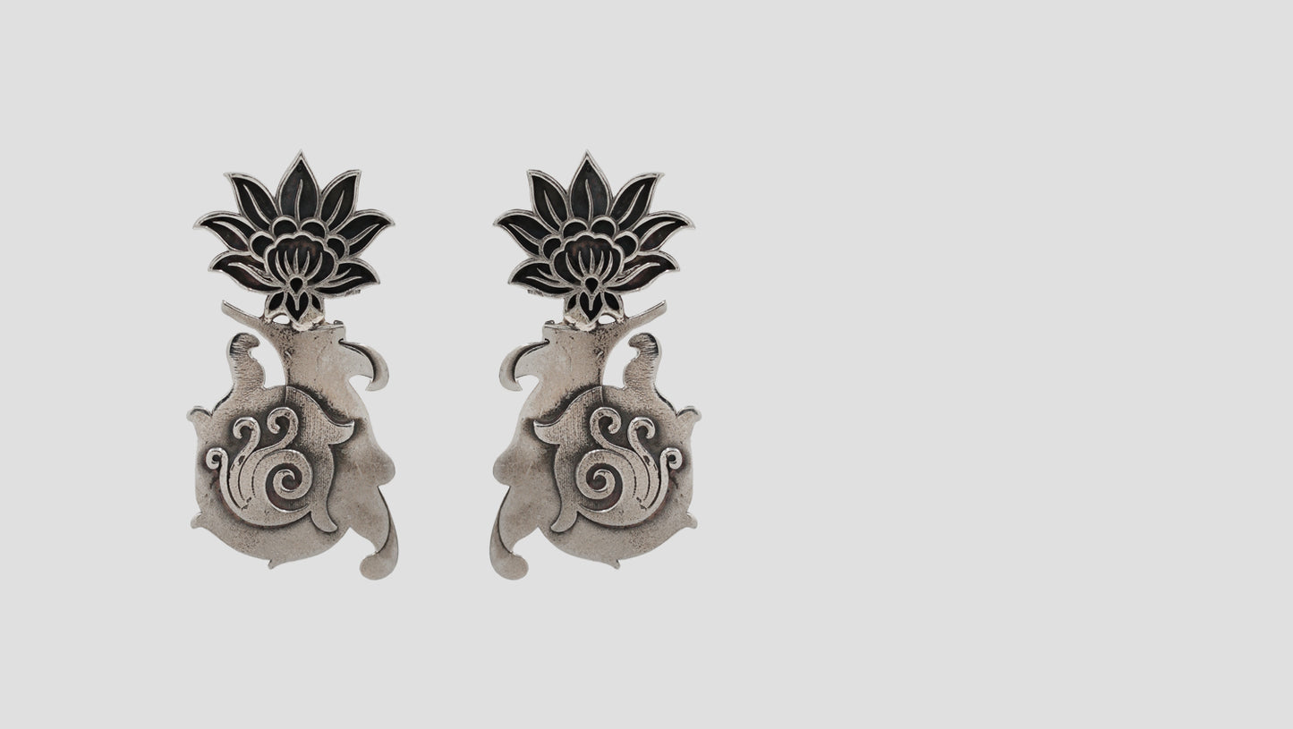 Sangeeta Boochra Artisan Oxidised Silver Lotus Motif Earrings