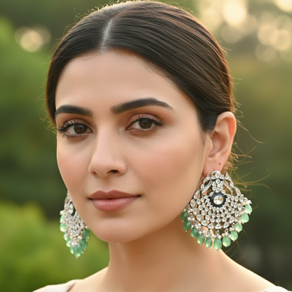 Sangeeta Boochra Heritage Moissanite Chand Earrings with Green Bead Drops