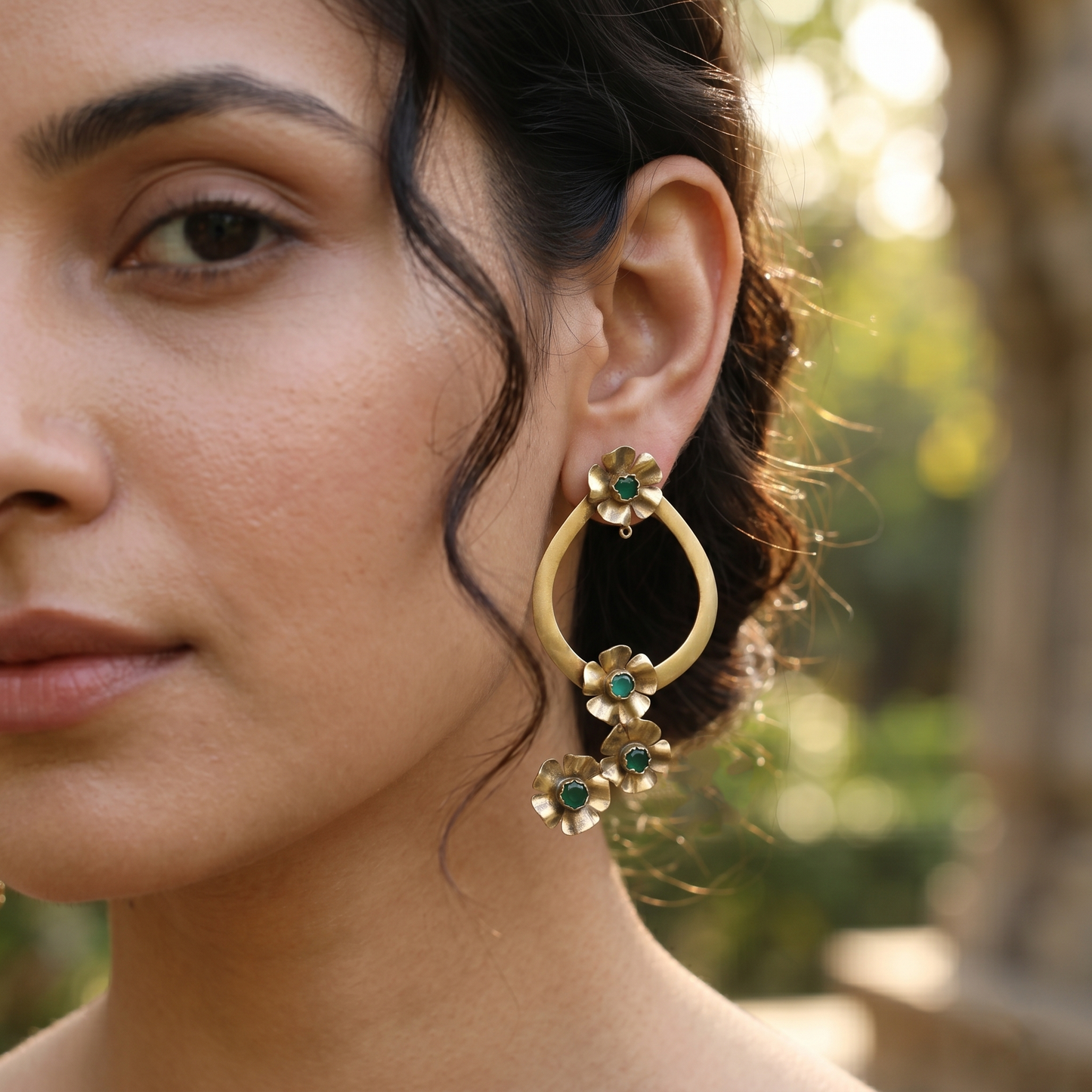 Sangeeta Boochra Green Stone Floral Statement Earrings