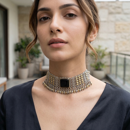 Sangeeta Boochra Black Stone Oxidised Silver Statement Choker