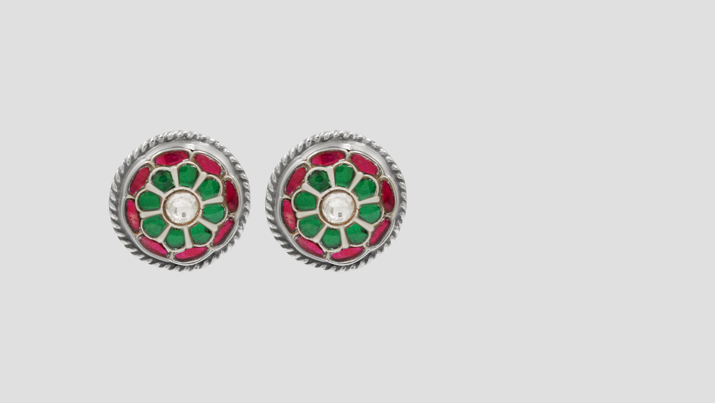 Sangeeta Boochra Green-Red Floral Kundan Silver Studs