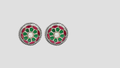 Sangeeta Boochra Green-Red Floral Kundan Silver Studs