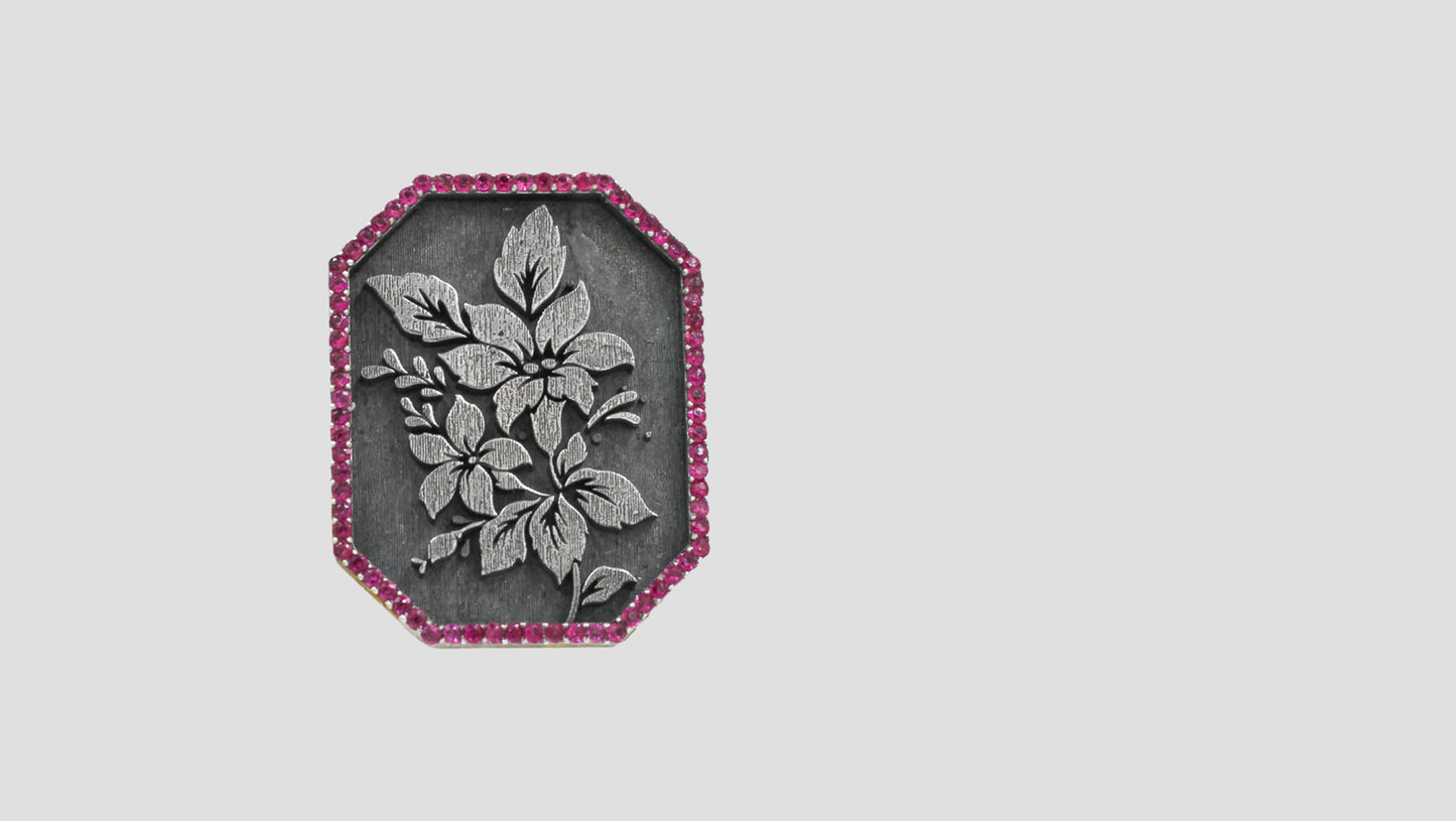 Handcrafted Oxidised Silver Floral Motif Brooch with Pink Stone Border | Sangeeta Boochra