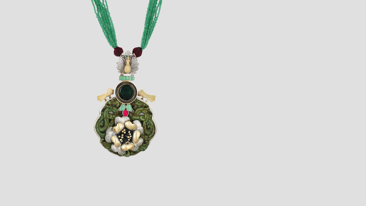 Sangeeta Boochra Statement Silver Pendant with Green Stone Detailing