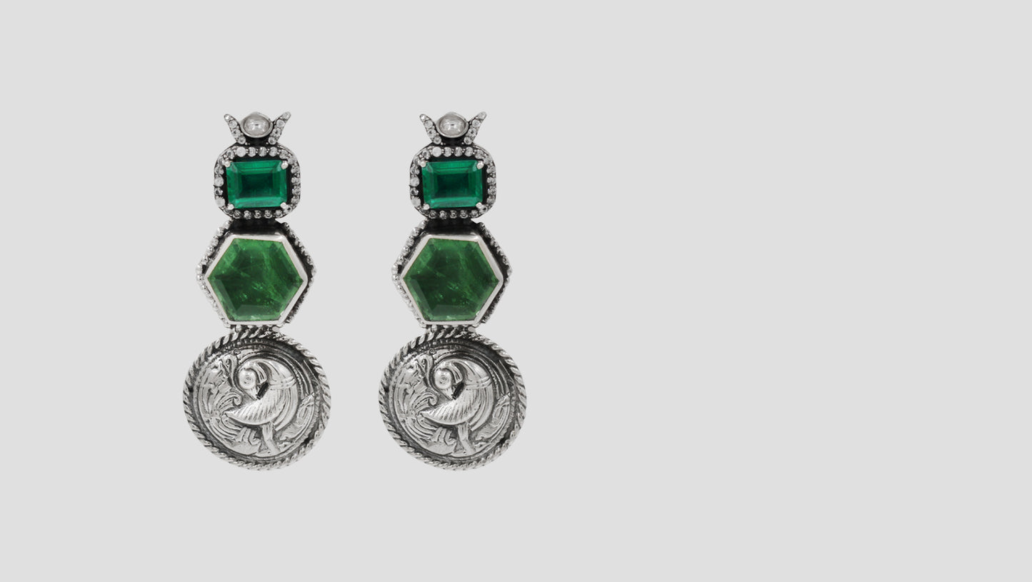 Sangeeta Boochra Signature Silver Peacock Motif Earrings with Green Gemstone Detailing
