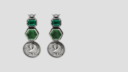 Sangeeta Boochra Signature Silver Peacock Motif Earrings with Green Gemstone Detailing