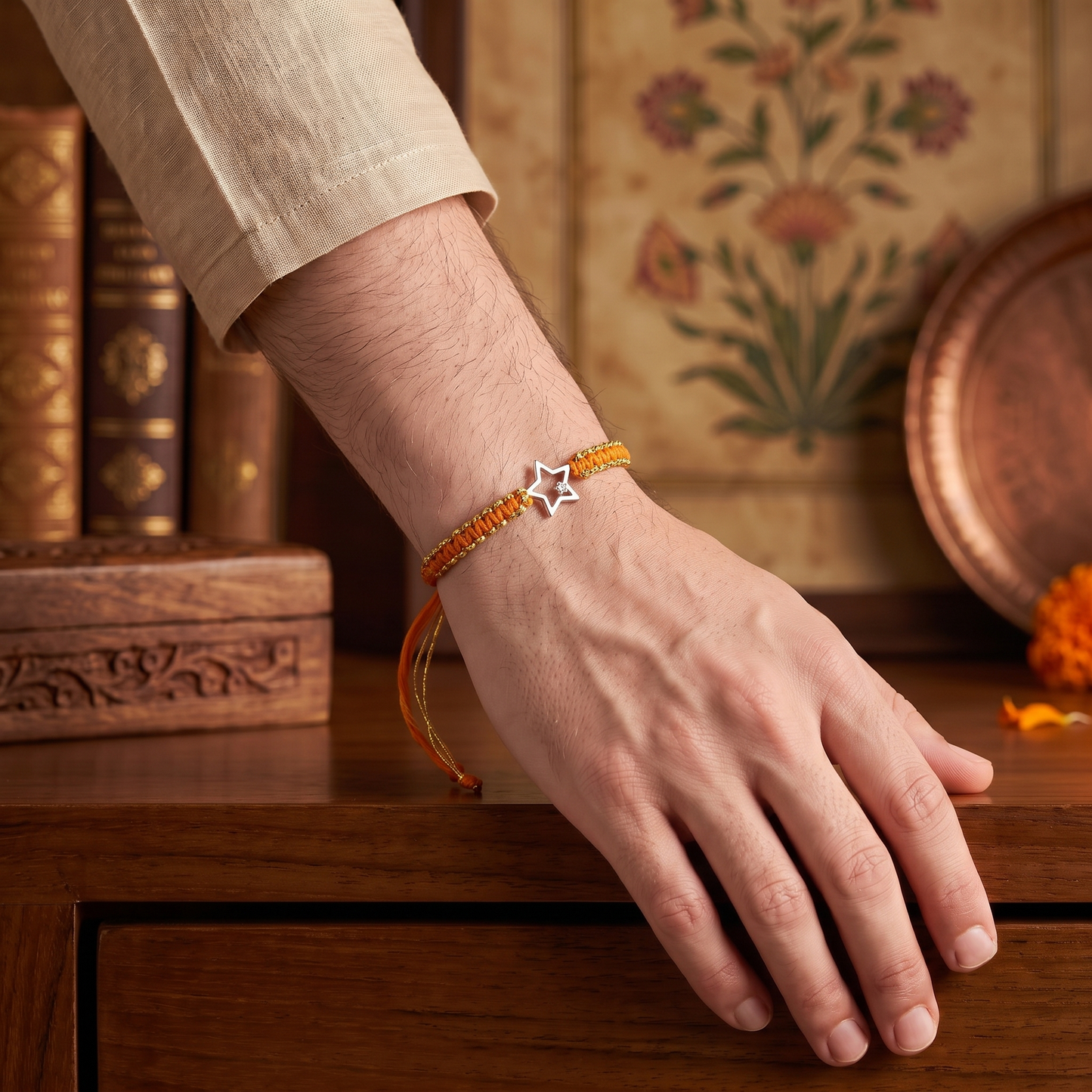 925 Sterling Silver Star Rakhi with Orange Thread | Sangeeta Boochra