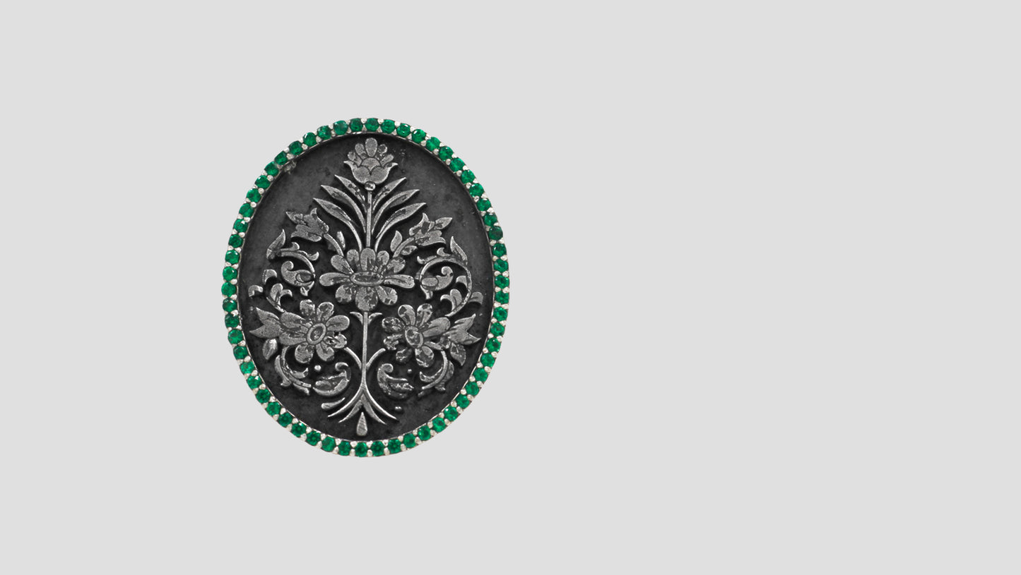 Handcrafted Silver Floral Motif Brooch with Green Stone Detailing | Sangeeta Boochra