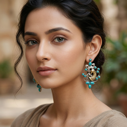 Sangeeta Boochra Dual-Tone Turquoise Peacock Silver Earrings