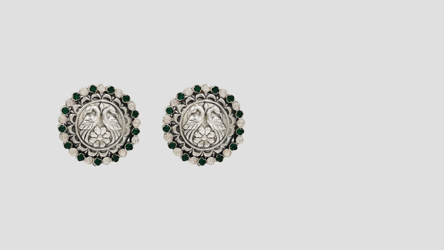Sangeeta Boochra Signature Oxidised Silver Peacock Heritage Stud Earrings