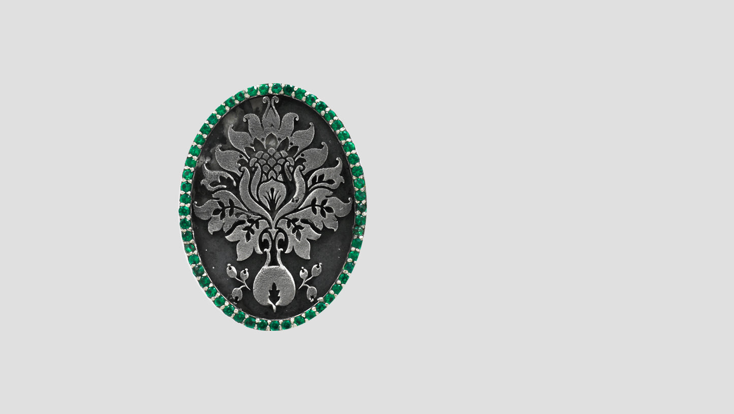Sangeeta Boochra Handcrafted Oxidised Silver Floral Brooch with Green Stones