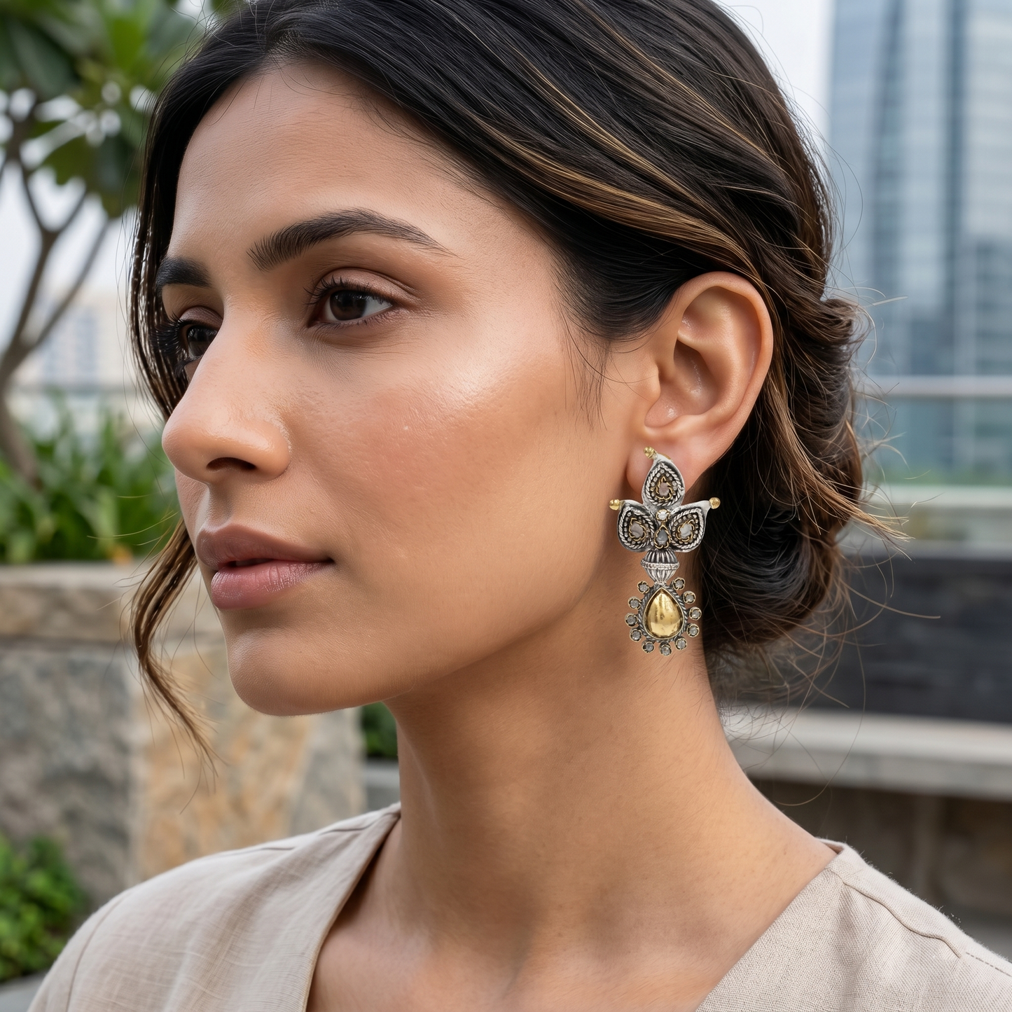 Sangeeta Boochra Traditional Dual Tone Silver Statement Earrings