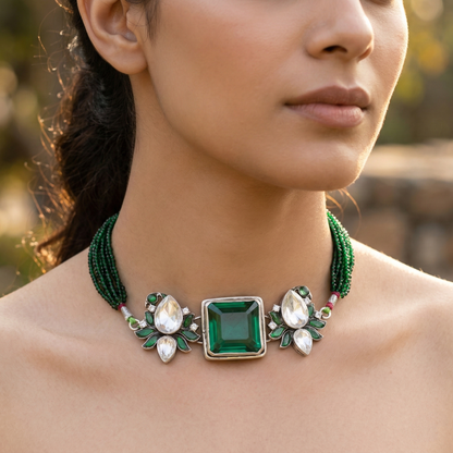 Sangeeta Boochra Multi-Strand Green Bead Silver Choker