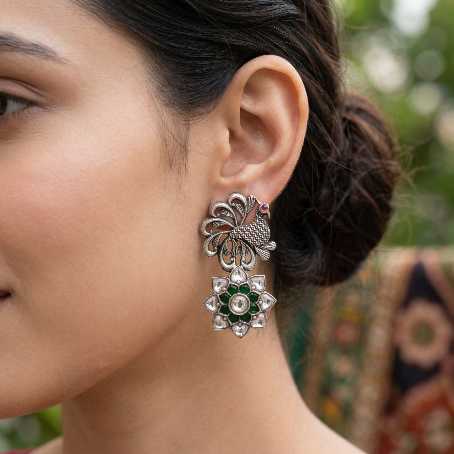 Sangeeta Boochra Handcrafted Peacock Motif Kundan Silver Earrings