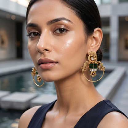 Sangeeta Boochra Handcrafted Gold Plated Peacock Motif Silver Kundan Earrings