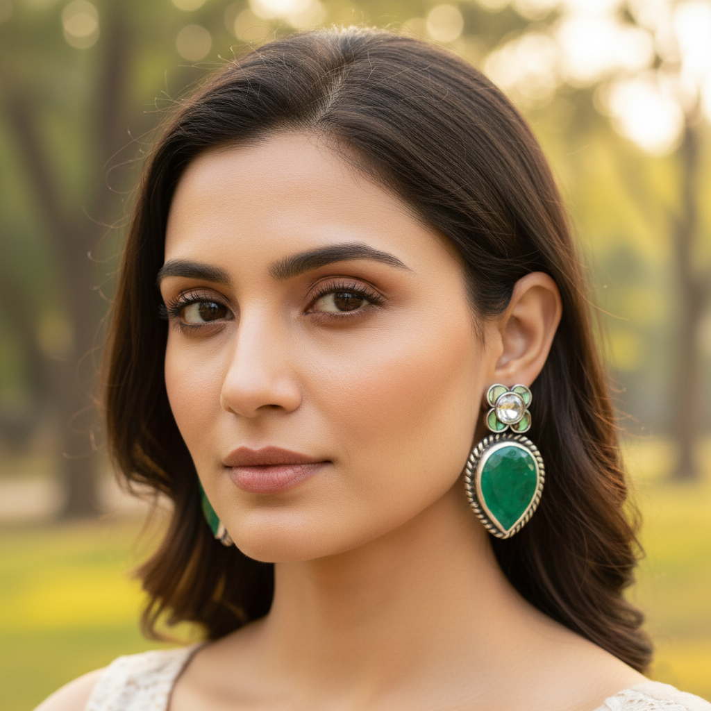 Sangeeta Boochra Oxidised Silver Green Teardrop Stone Earrings