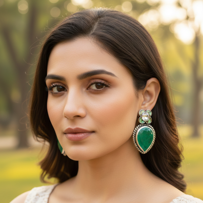 Sangeeta Boochra Oxidised Silver Green Teardrop Stone Earrings