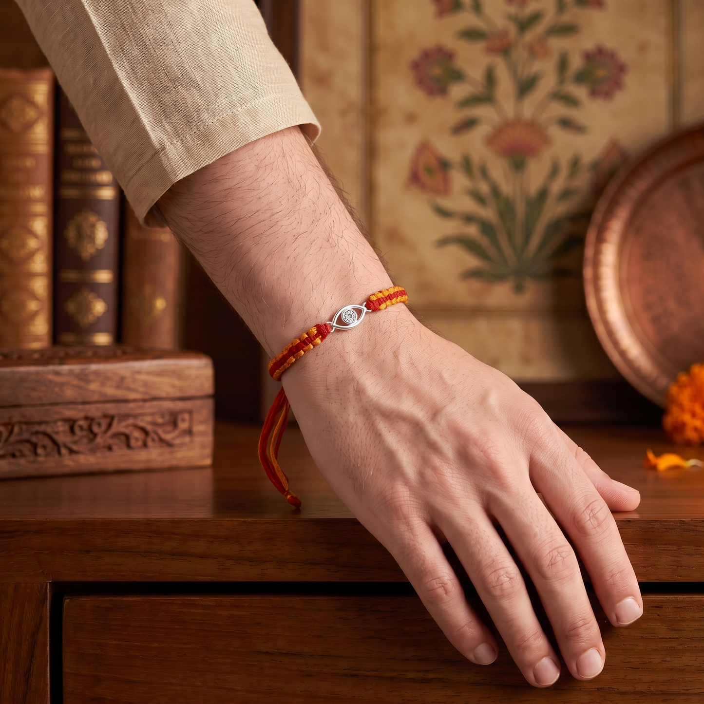 925 Sterling Silver Evil Eye Rakhi with Red & Orange Thread | Sangeeta Boochra