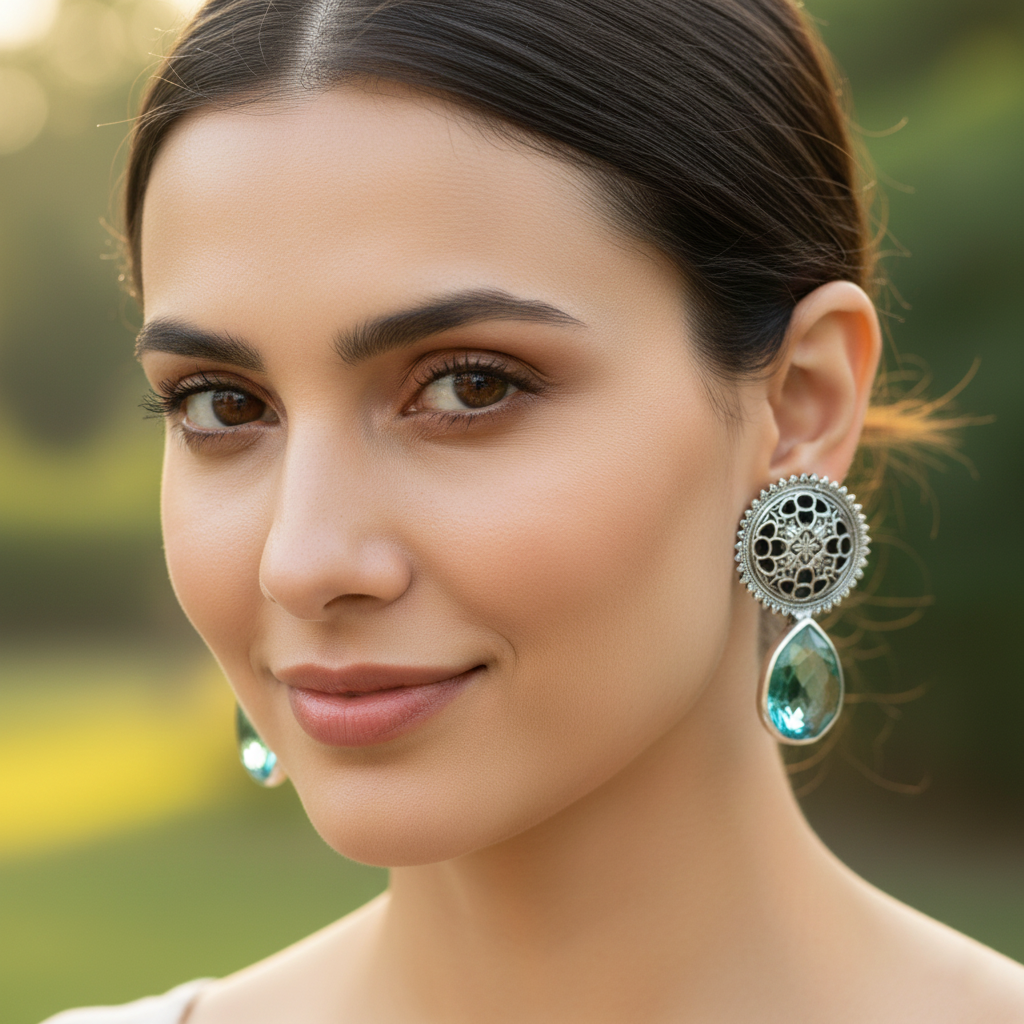 Sangeeta Boochra Oxidised Silver Aqua Drop Statement Earrings