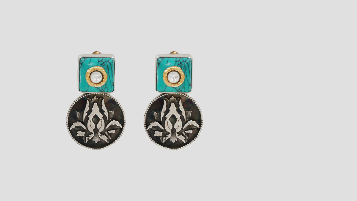 Sangeeta Boochra Turquoise Stone Floral Oxidised Silver Earrings