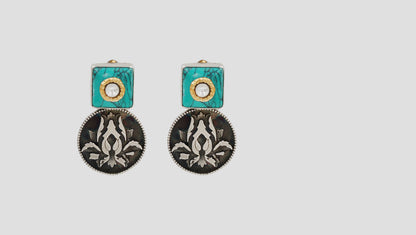 Sangeeta Boochra Turquoise Stone Floral Oxidised Silver Earrings